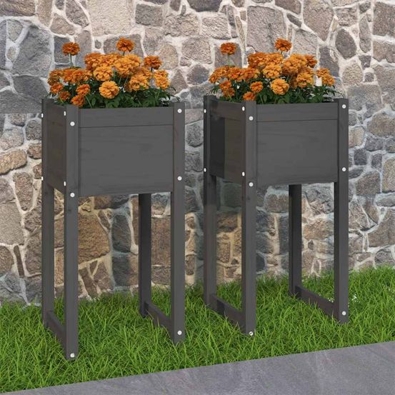 Lot de 2 jardinières hautes en bois de pin massif gris 40x40x81 cm