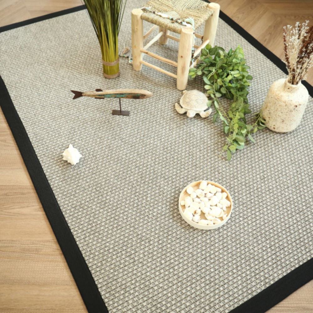 Tapis intérieur / extérieur - natté sumatra silver - ganse noire - 120 x 170 cm