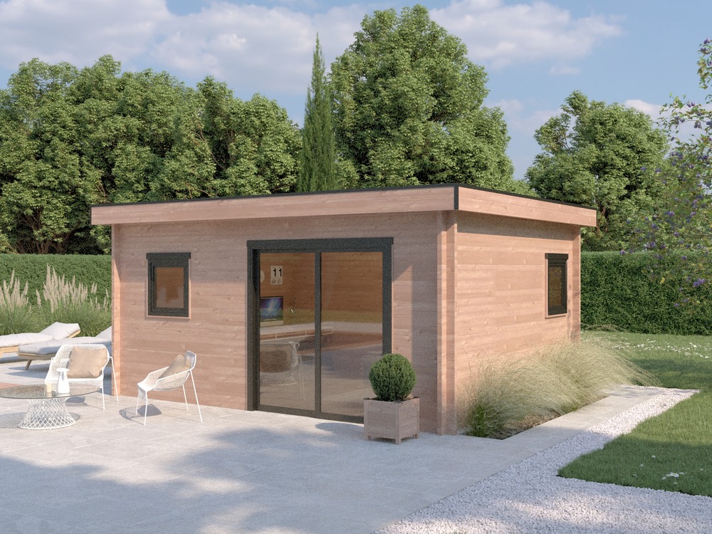 Studio de jardin nantua 20m² - bois douglas 55mm - porte & fenetre pvc - toiture acier