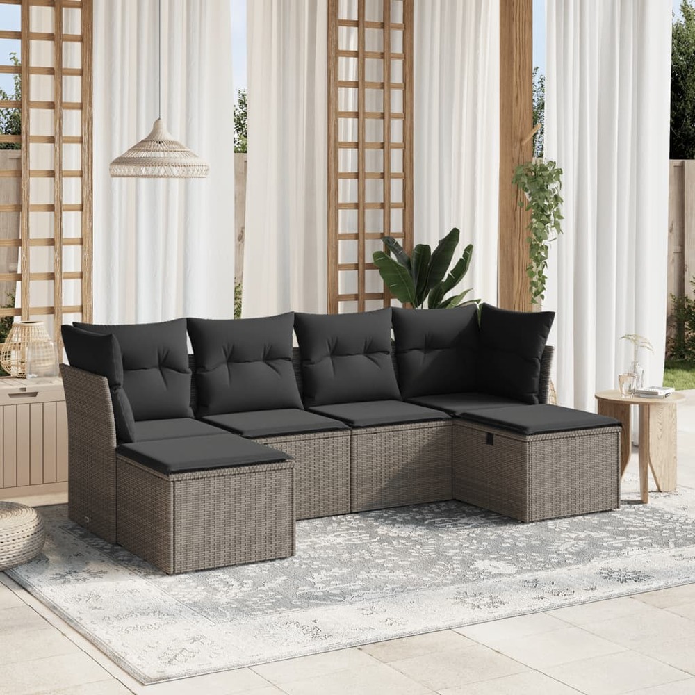 Salon de jardin 6 pcs avec coussins gris résine tressée