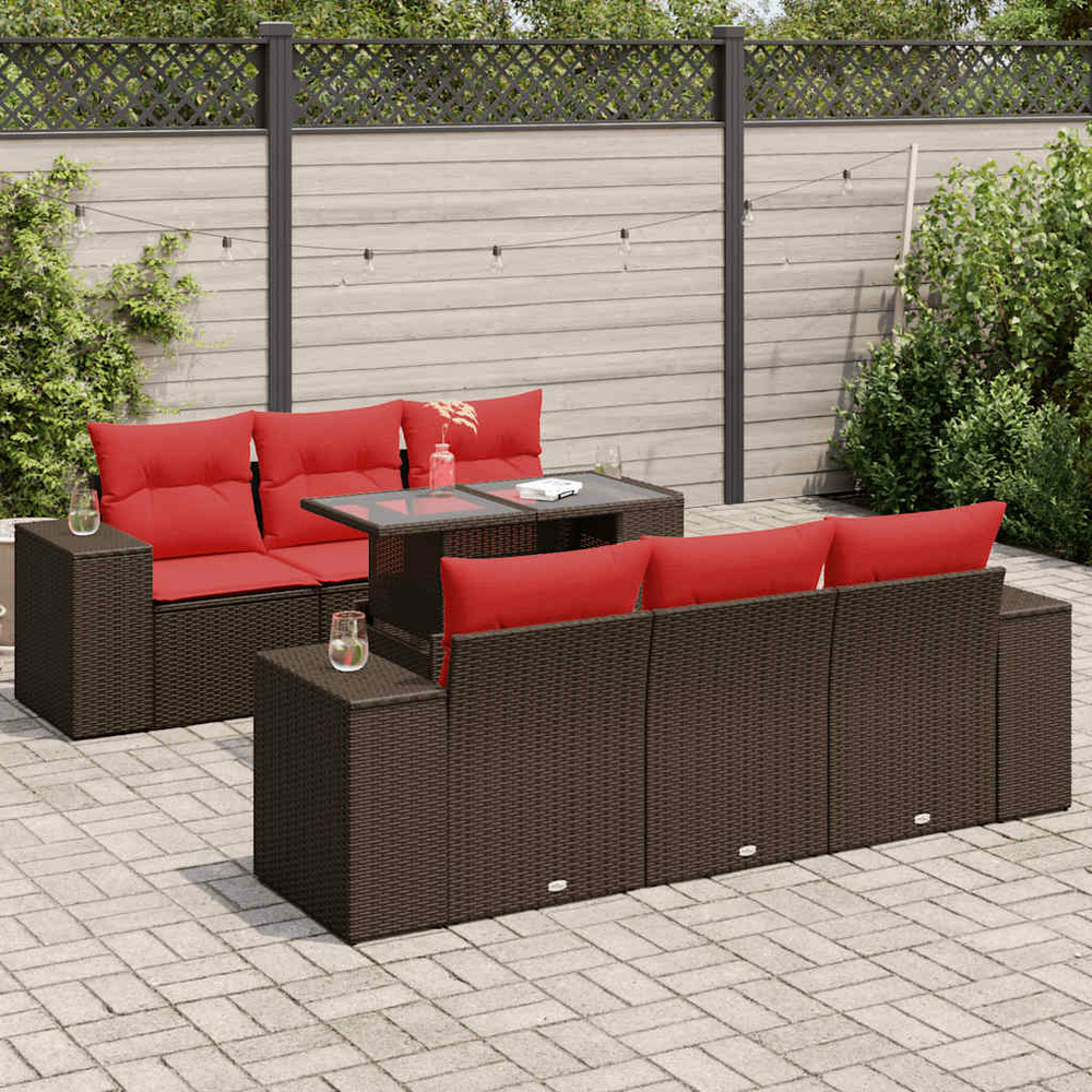 Salon de jardin avec coussins 7pcs marron résine tressée acacia