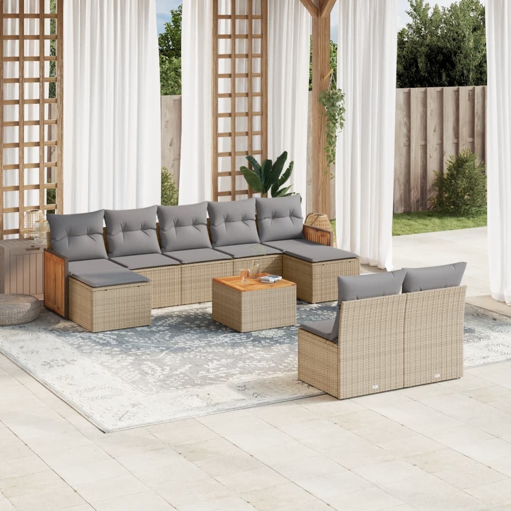 Salon de jardin avec coussins 10 pcs beige résine tressée