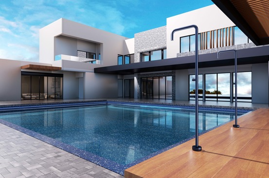 Douche exterieure en acier 316 finition bleu ocean systeme anticalcaire