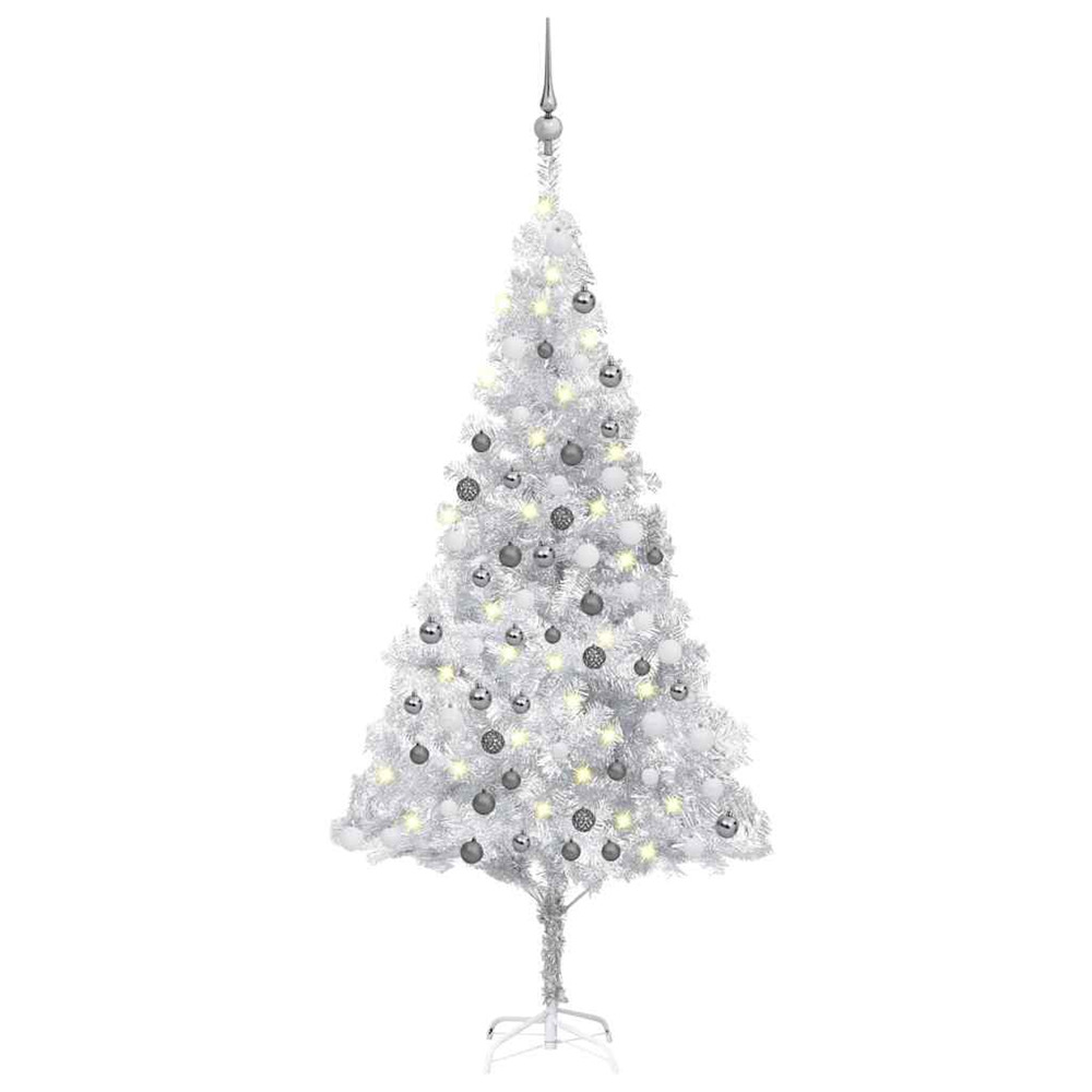Arbre de noël artificiel pré-éclairé/boules argenté 180 cm pet