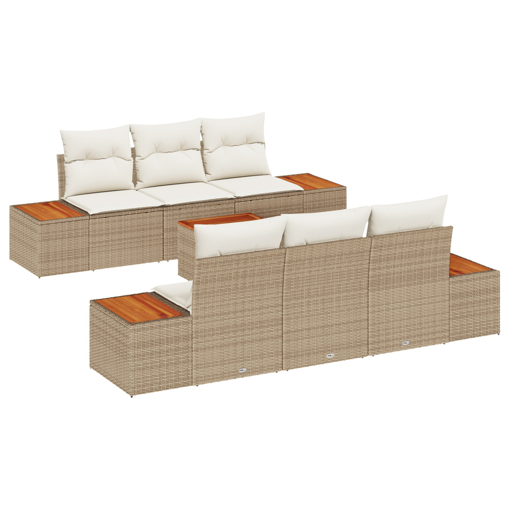Ensemble de canapé de jardin 7 pièces avec coussins beige en rattan poly acacia