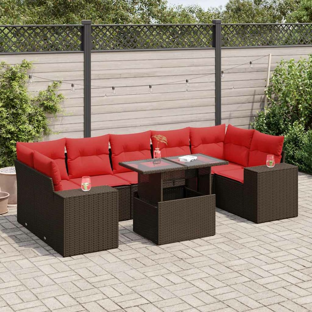 Salon de jardin 8pcs avec coussins marron résine tressée acacia