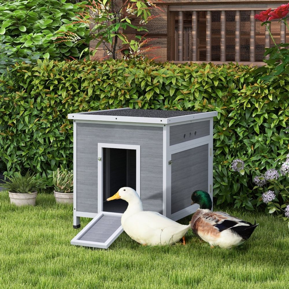 Abri canards poulailler bois sapin toit bitumé ouvrant nettoyage facile gris
