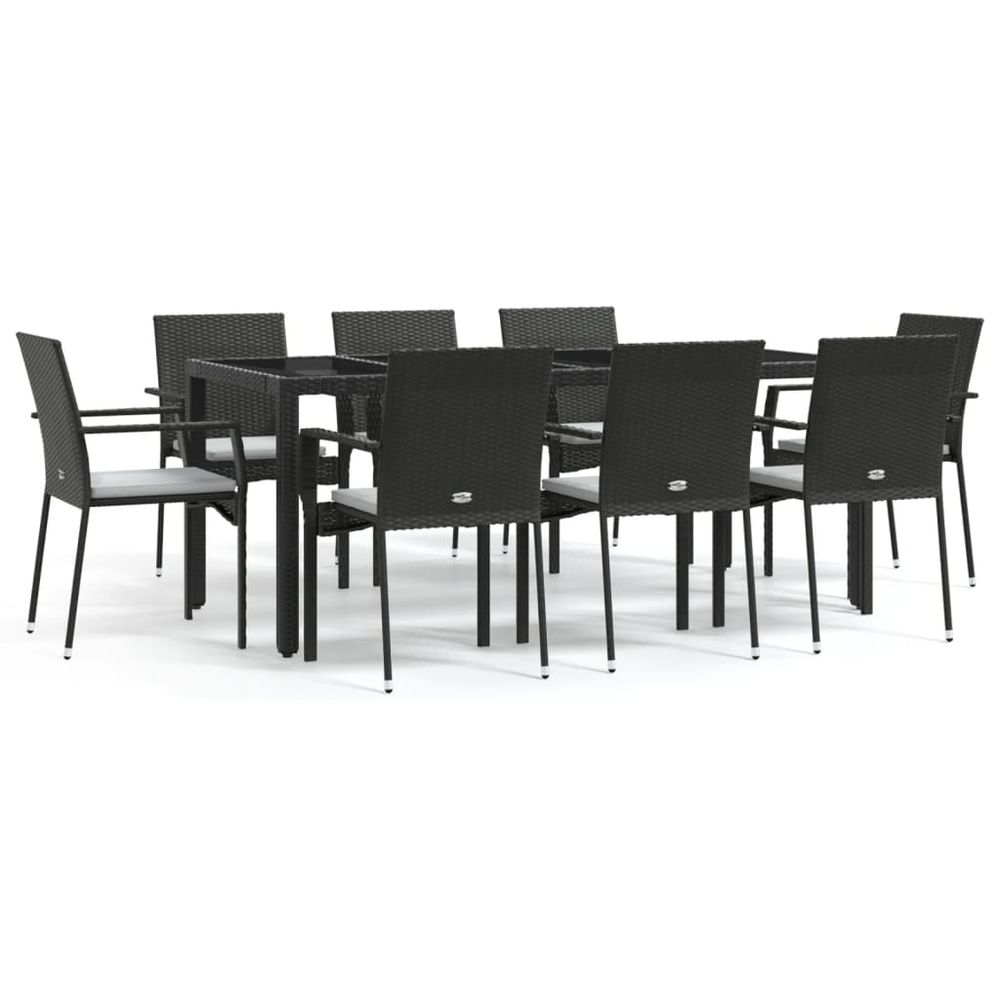 Ensemble à manger jardin 9pcs et coussins noir résine tressée