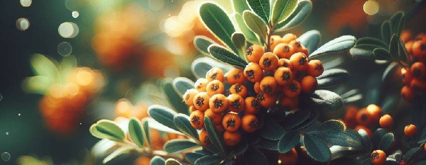 Un spécimen de Pyracantha aux fleurs délicates contrastant avec ses baies orange vif attire les regards dans le paysage automnal.