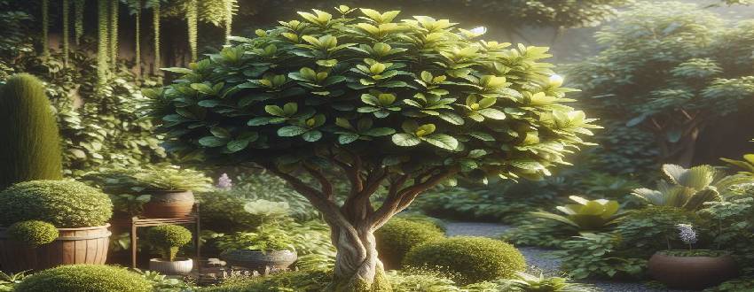 Ficus benjamina avec des feuilles ovales et brillantes offrant une ambiance sereine et tropicale