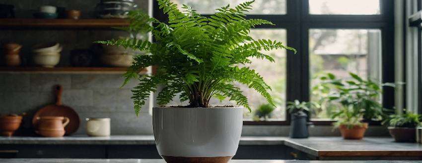 Nephrolepis en pot sur un plan de travail dans une cuisine lumineuse