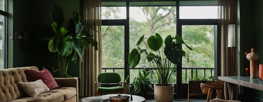 Une collection soignée de Philodendrons aux feuilles diverses dans une serre lumineuse, montrant l'effet captivant de ces plantes tropicales sur le décor intérieur.