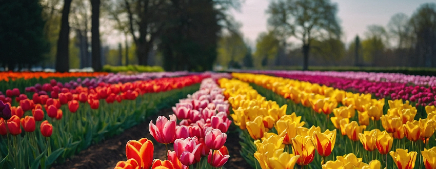 Panorama sur un champs de tulipes en fleurs