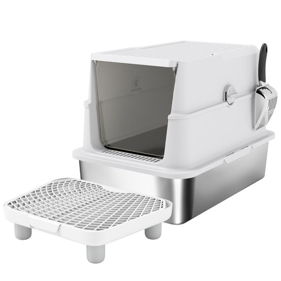 Maison de toilette chat acier inoxydable grand chat anti-odeur avec pelle 60x40cm gris