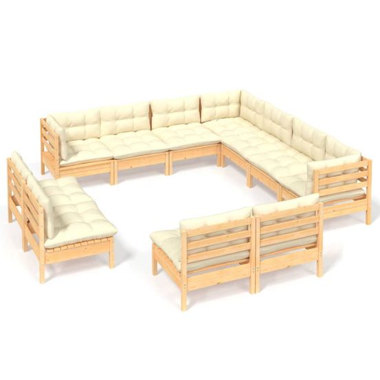 Salon de jardin 11 pcs avec coussins crème bois de pin solide