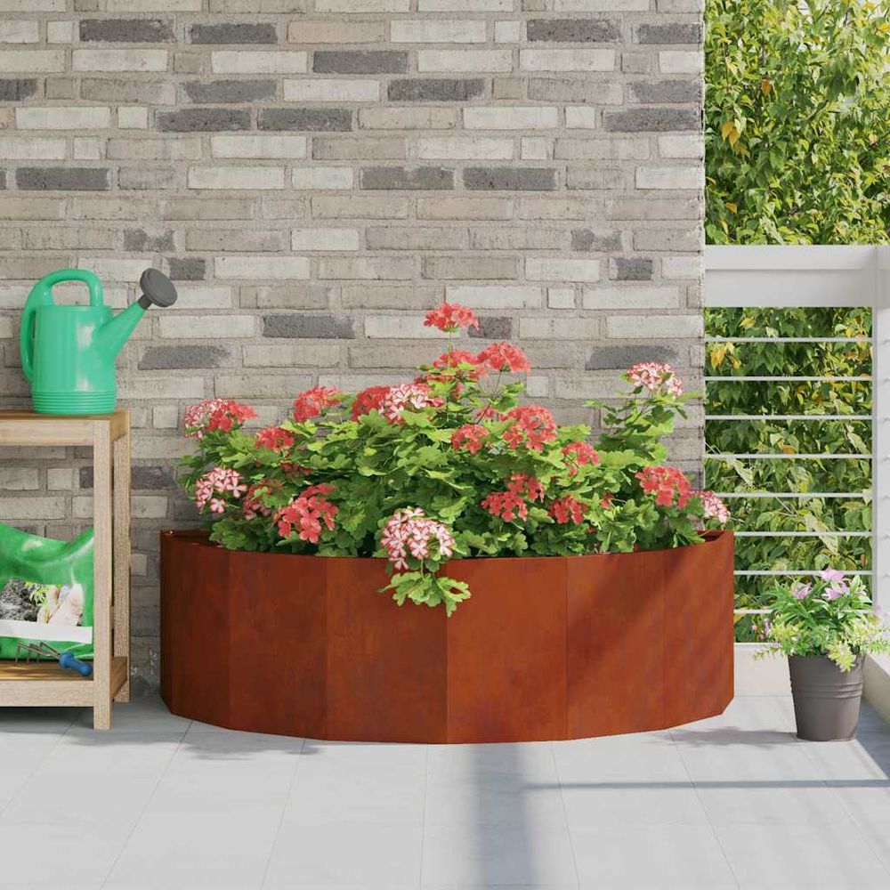 Jardinière demi-ronde acier corten effet rouillé pour jardin 120x60 cm