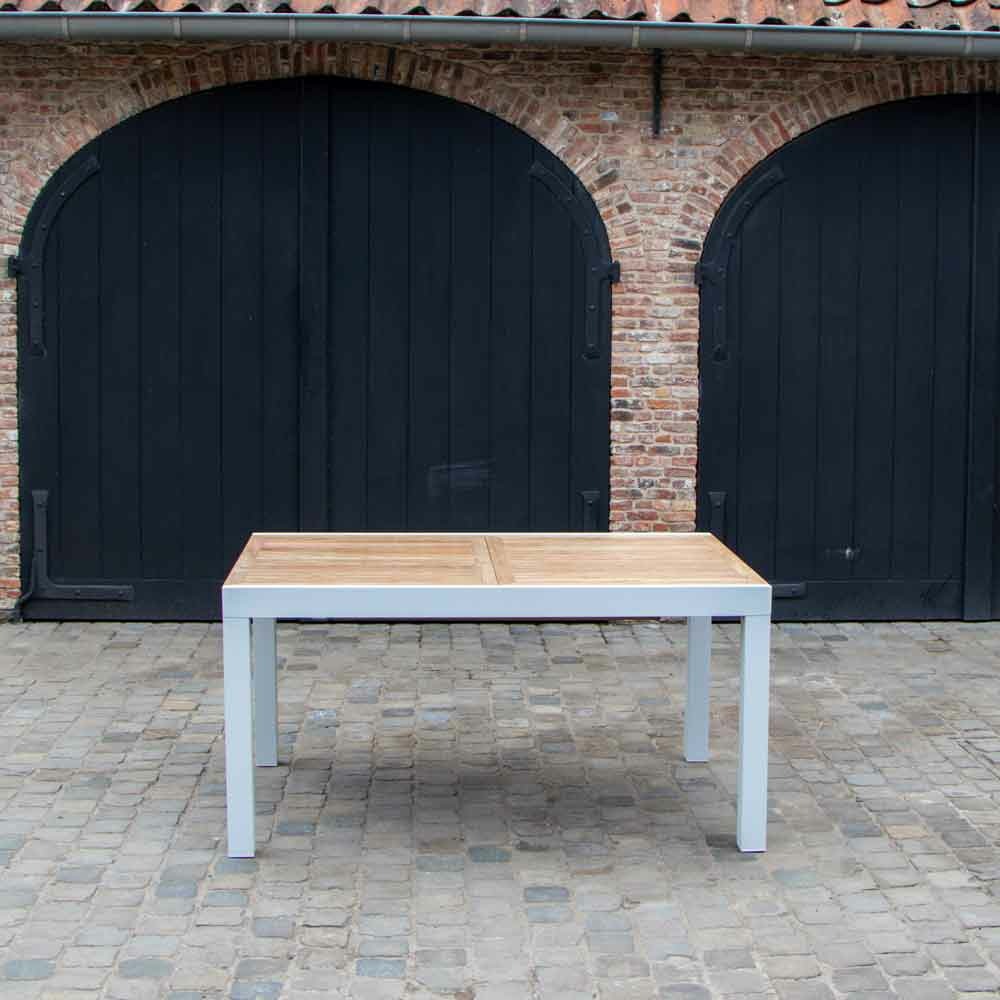 Table baliteck 6/10 personnes structure aluminium blanche, plateau en lame de teck