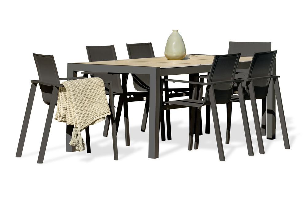 Ensemble repas venise 6 places alu anthracite plateau céramique beige