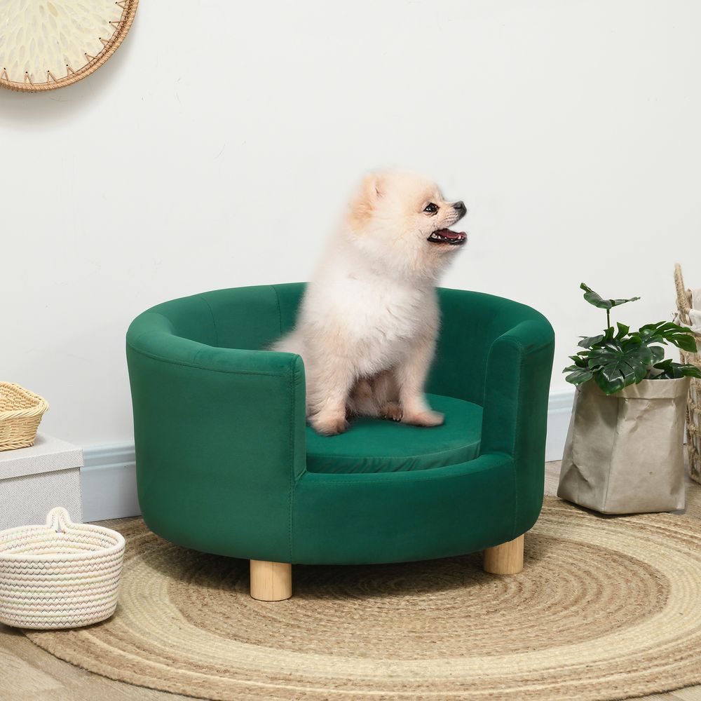 Canapé chien chat velours vert 65x64cm pieds bois massif lit cosy design - comfortxl pet living