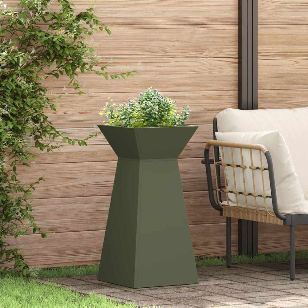 Jardinière haute trapézoïdale en acier pour jardin vert olive 73 cm
