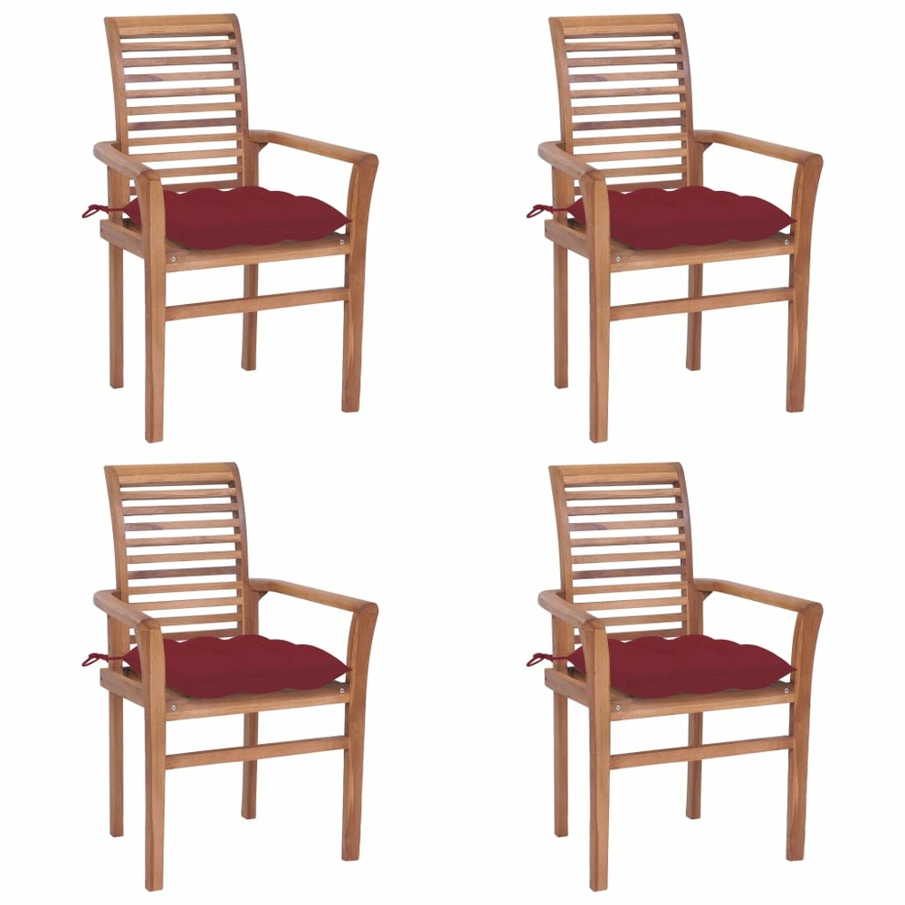 Chaises à dîner 4pcs avec coussins bordeaux bois de teck solide