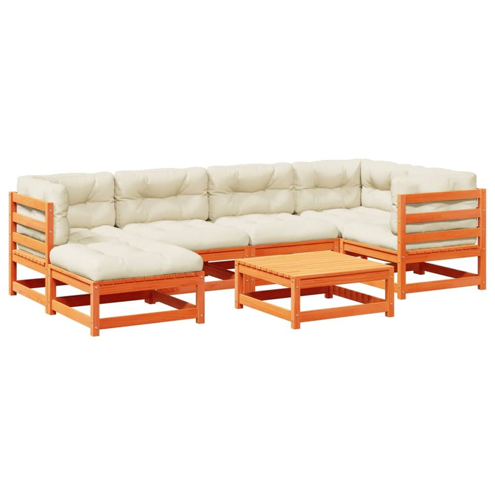 Salon de jardin 7 pcs avec coussins cire marron bois pin massif