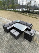 Mobilier de jardin extérieur pe rotin 8 places ave canapé table à manger réglable en hauteur 2 tabourets mélange gris foncé