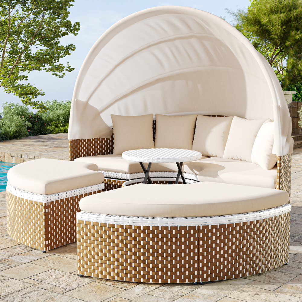 Chaises longues jardin: îlot + table + chaises rotin + lit coquillage + auvent, plateau relevable beige