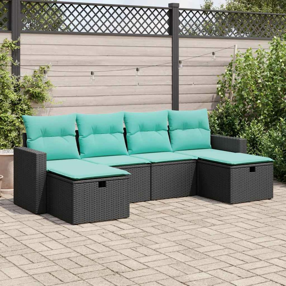 Salon de jardin 6 pcs avec coussins noir résine tressée