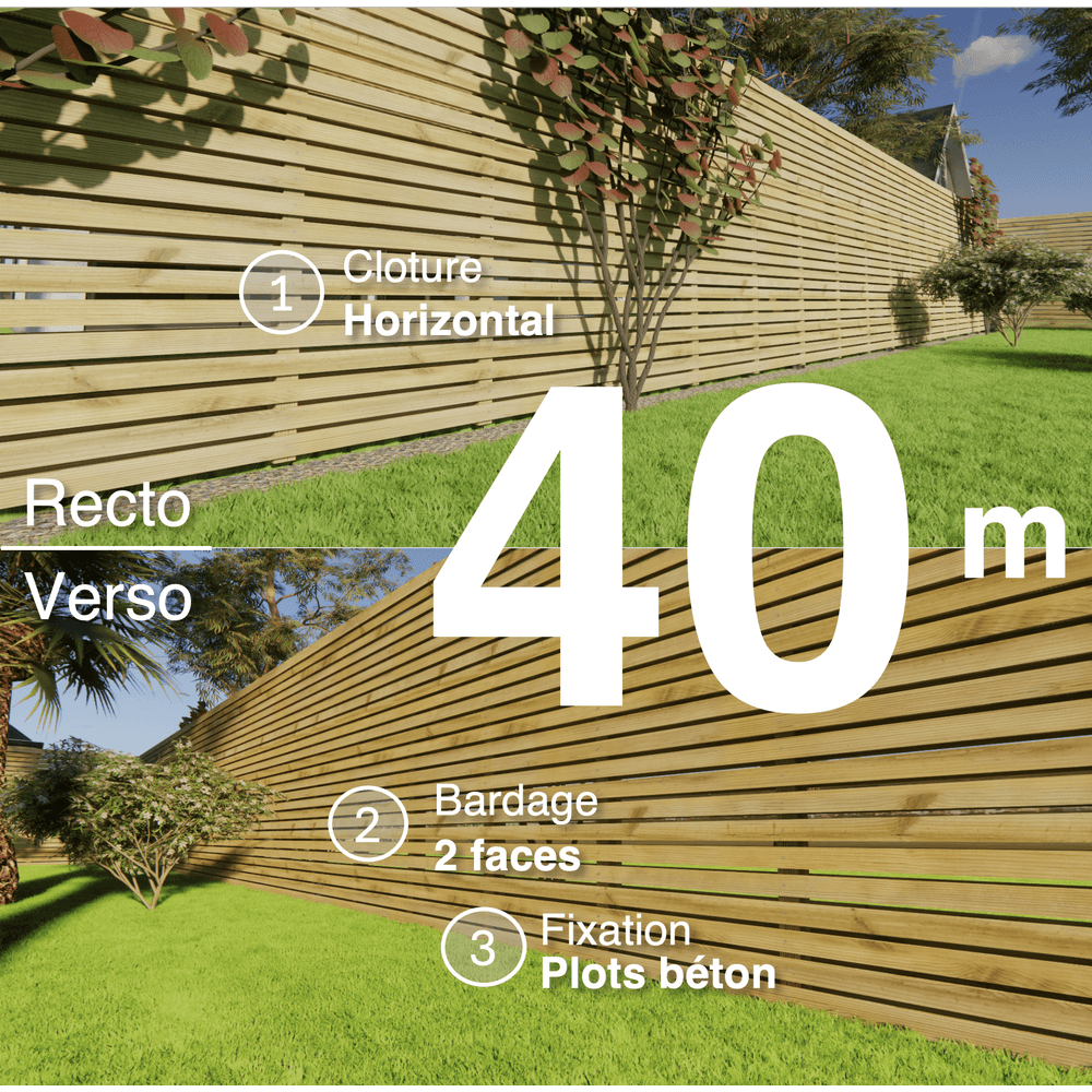 Kit clôture bois moderne 40m – h 2,3m – 20 x 60 mm autoclave vert – pose horizontal – double face – à sceller
