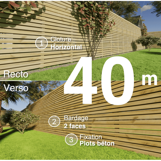 Kit clôture bois moderne 40m – h 2,3m – 20 x 60 mm autoclave vert – pose horizontal – double face – à sceller