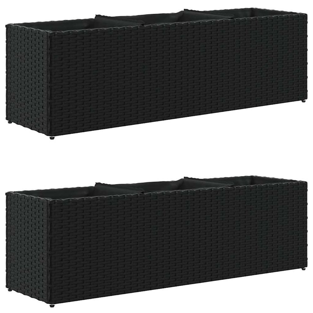 Jardinières avec 3 pots 2 pcs noir 105x30x32 cm résine tressée