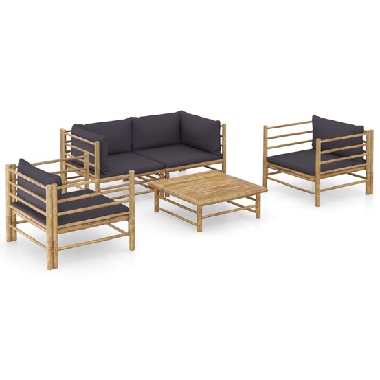Salon de jardin meuble d'extérieur ensemble de mobilier 5 pièces avec coussins gris foncé bambou