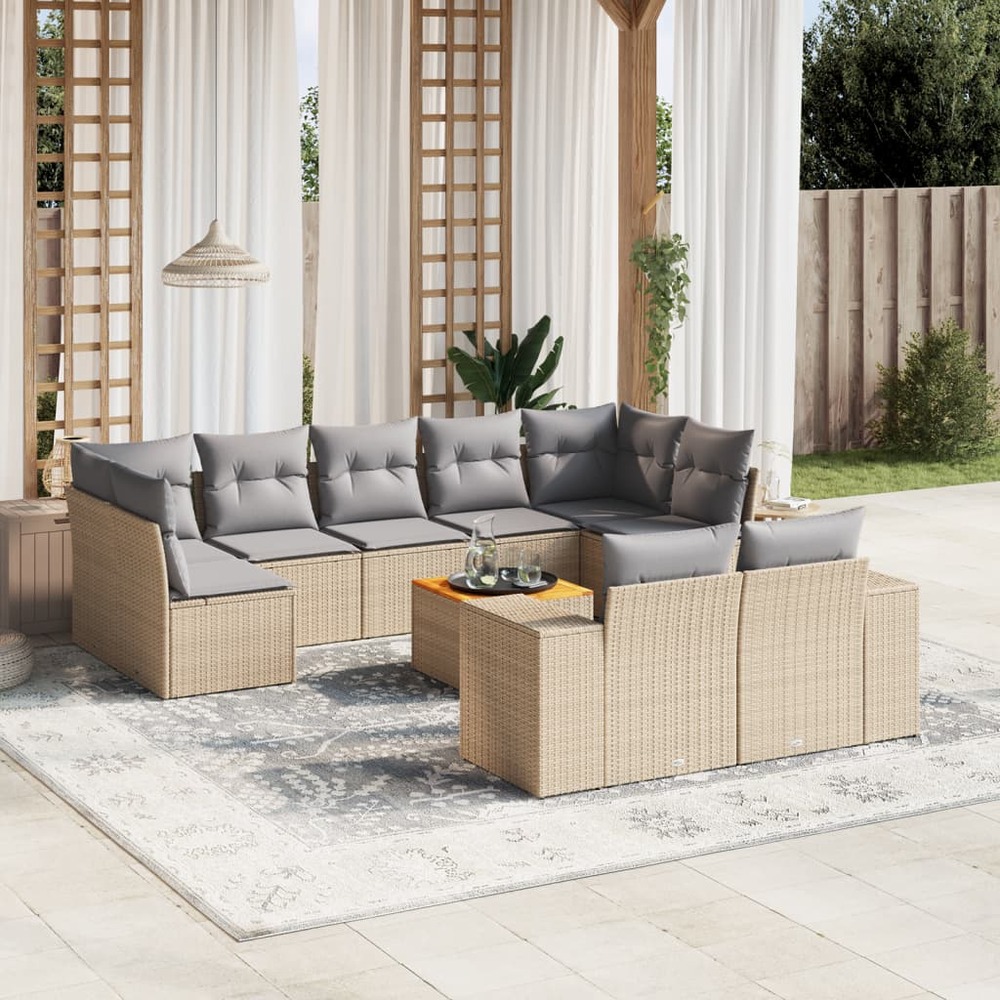 Salon de jardin avec coussins 10 pcs beige résine tressée