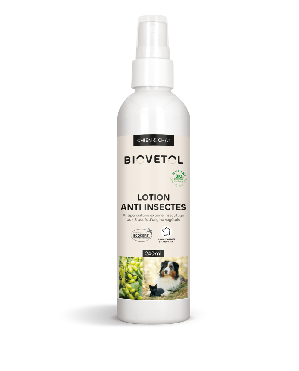 Lotion anti-insectes - insectifuge bio certifié ecocert - chien et chat - 240ml