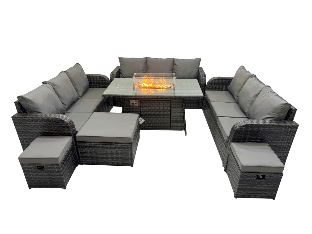 Salon de jardin en résine ensemble repas de jardin exterieur table de foyer à gaz avec canapé lounge 3 tabourets