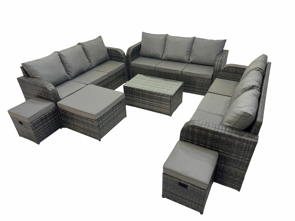 Ensemble de canapés en rotin 12 places salon de jardin avec table basse rectangulaire canapé 3 places 3 tabourets gris foncé mixte
