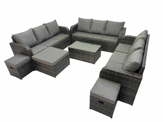 Ensemble de canapés en rotin 12 places salon de jardin avec table basse rectangulaire canapé 3 places 3 tabourets gris foncé mixte