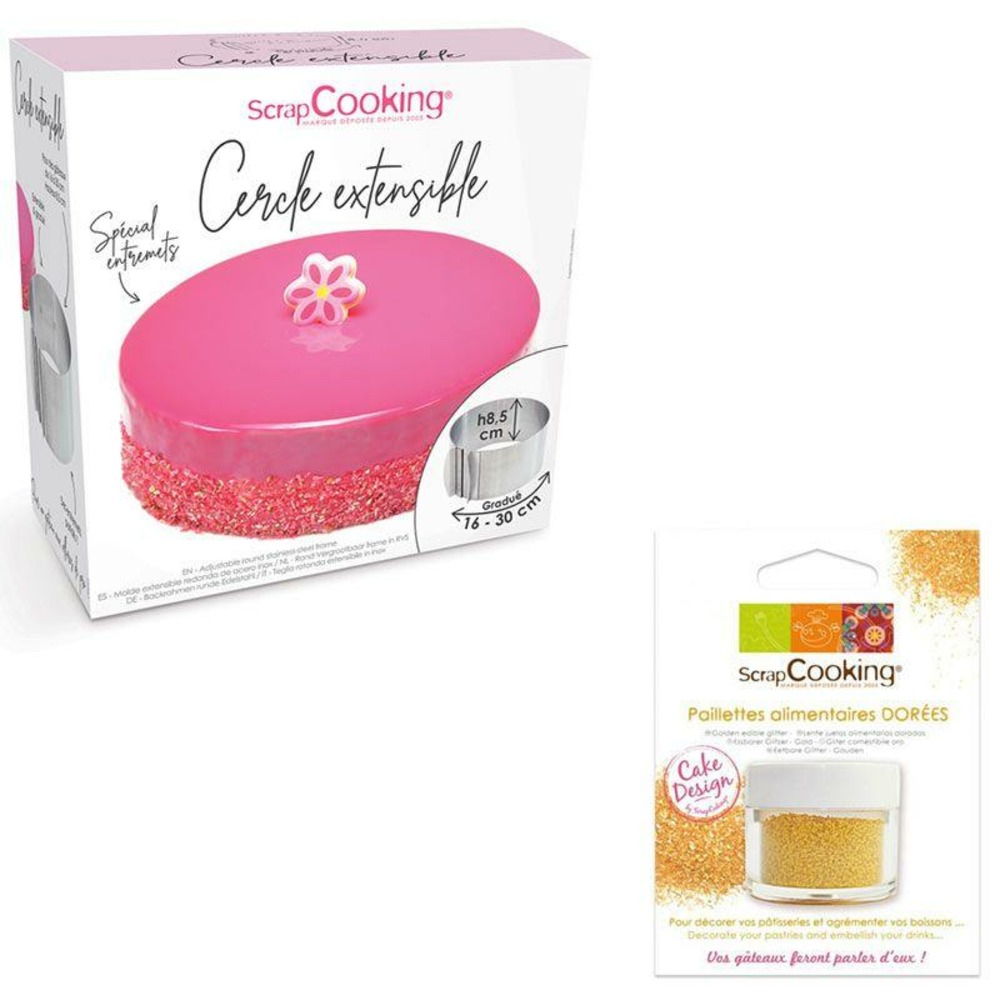 Cadre à pâtisserie extensible rond + paillettes dorées