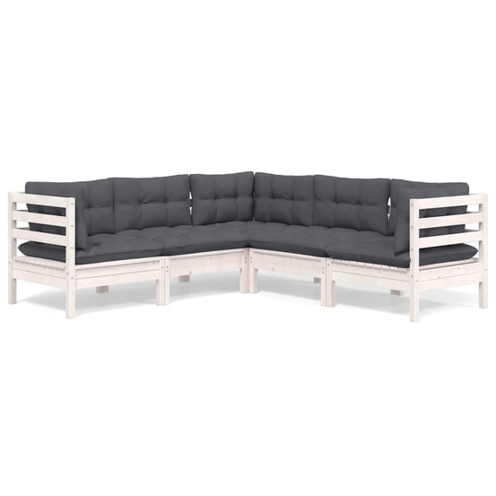 Salon de jardin 5 pcs avec coussins blanc bois de pin solide