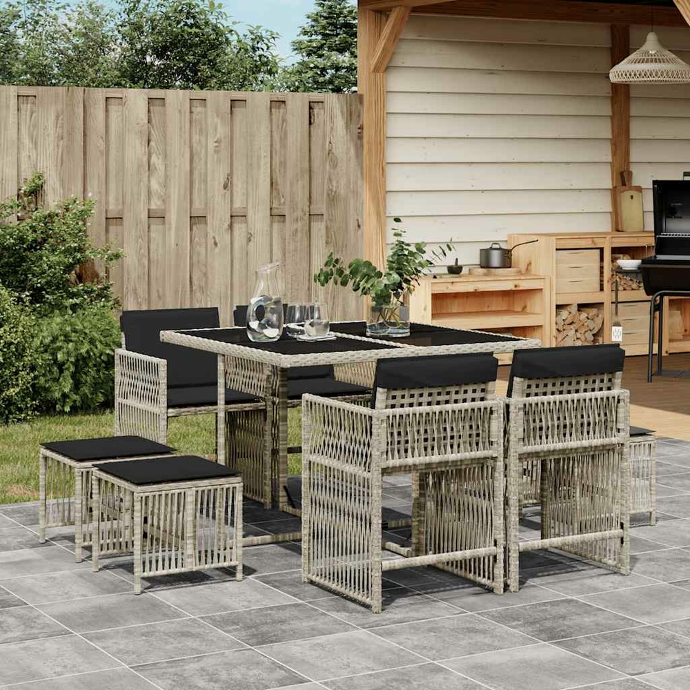 Ensemble à manger de jardin et coussins 9 pcs gris clair rotin