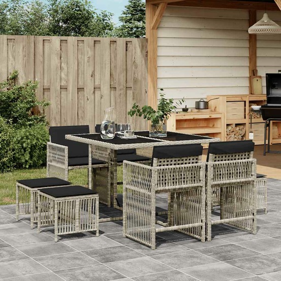Ensemble à manger de jardin et coussins 9 pcs gris clair rotin