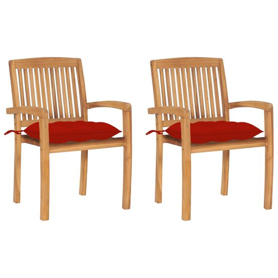Chaises de jardin lot de 2 et coussins rouge bois teck massif
