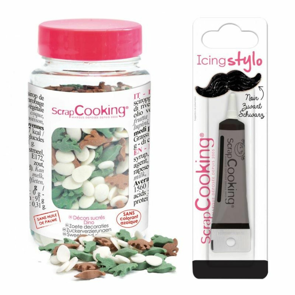 Décors sucrés dinosaures 55 g + stylo de glaçage noir