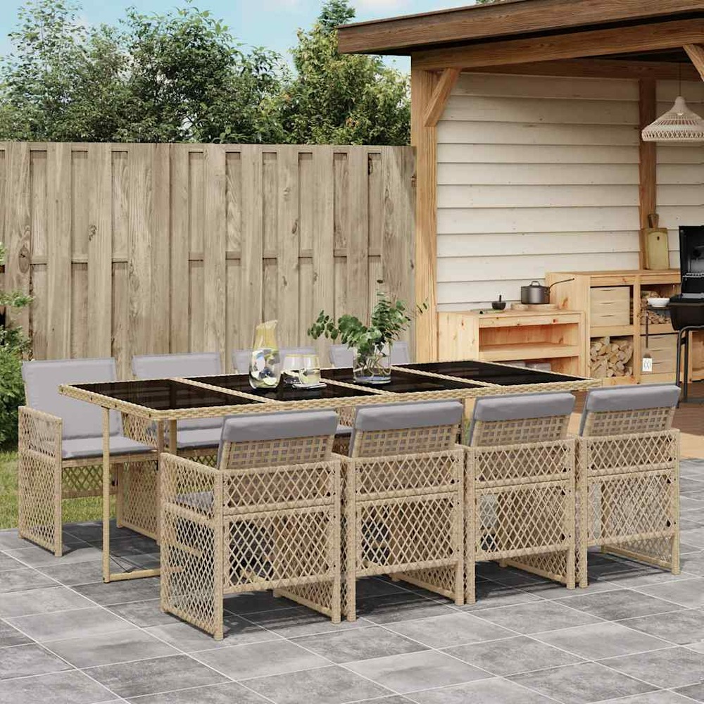 Ensemble à manger de jardin et coussins 9 pcs beige poly rotin