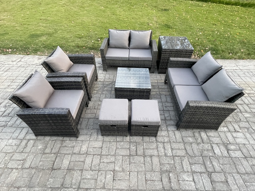 Ensemble de meubles de jardin en rotin 8 places ave table basse carrée canapé deux places gris foncé