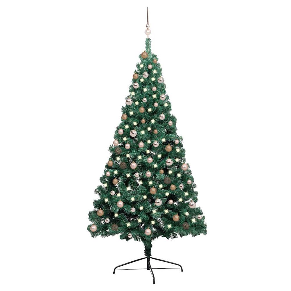 Grand demi sapin de noël mural pré-éclairé led et boules vert 210 cm
