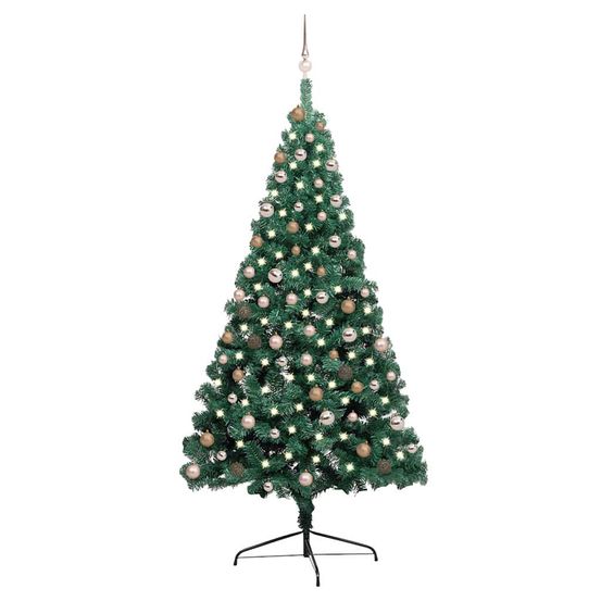 Grand demi sapin de noël mural pré-éclairé led et boules vert 210 cm