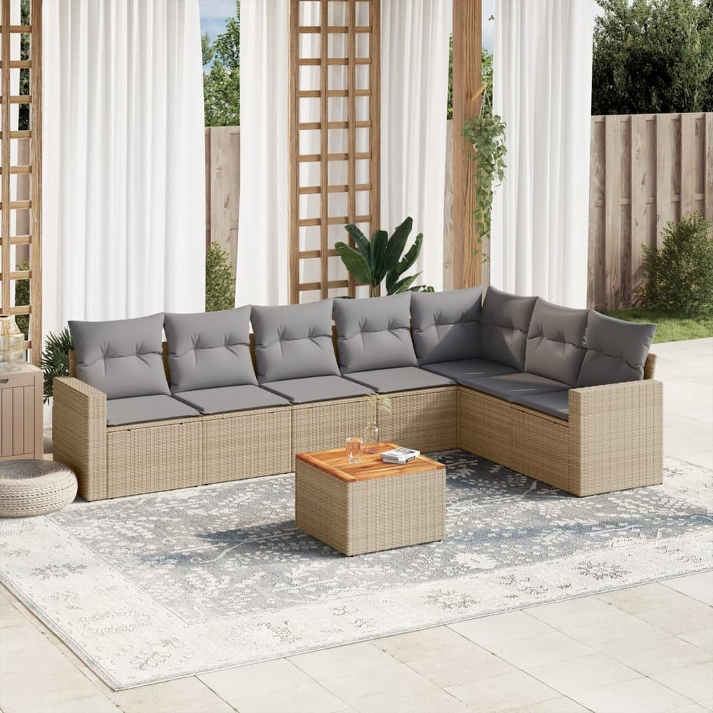 Salon de jardin avec coussins 8 pcs beige résine tressée