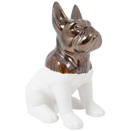 Statuette chien bouledogue en céramique zoya blanc et or